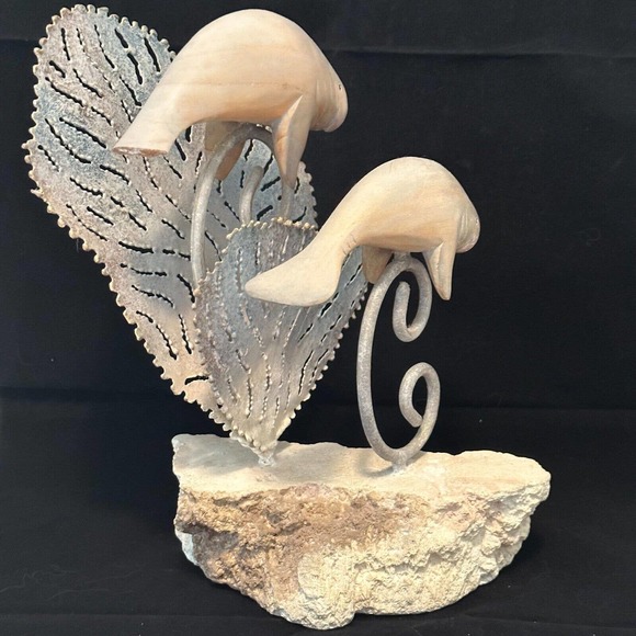 Coastal Decor "Wooden Manatee w/Metal accents on Stone base" Mixed Media - Picture 7 of 12